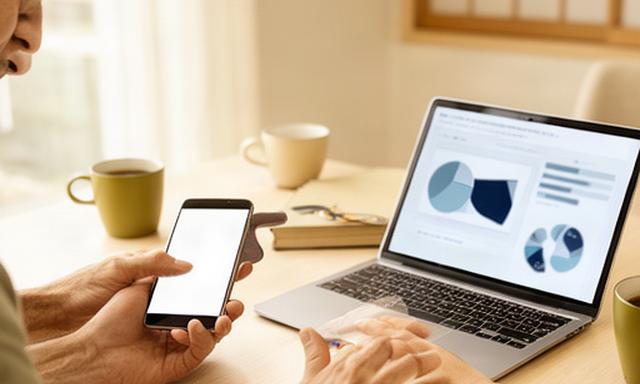 明るい自宅のテーブルでスマートフォンとノートパソコンの家計管理画面を確認する共働き世帯