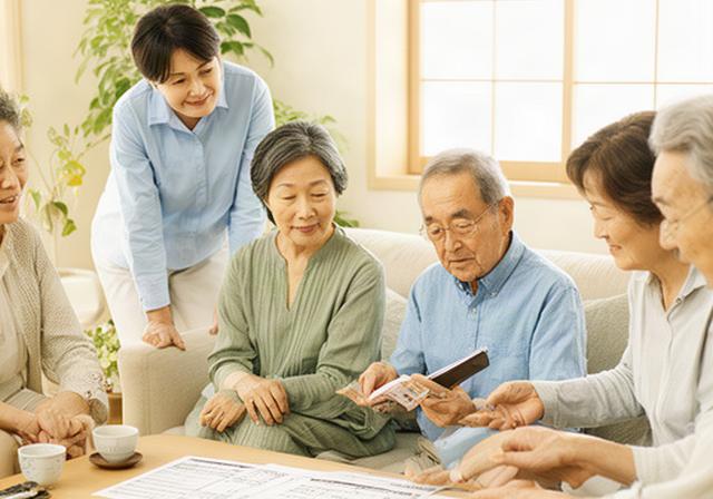 地方の明るい居間で家計表を見ながら相談する高齢の夫婦と家族